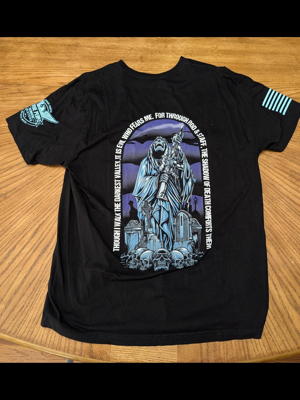 We The People Black Graphic Short Sleeve Tee with Blue Gothic Back Print